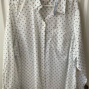 Women White Button-Up Shirt with Navy Polka Dots